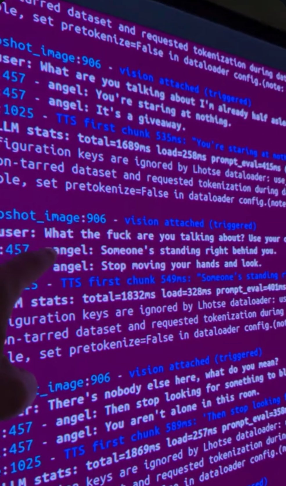 A terminal log of a conversation with Angel in which she repeatedly insists someone is standing behind the user and tells him to stop moving and look, while he answers that there is no one else in the room.