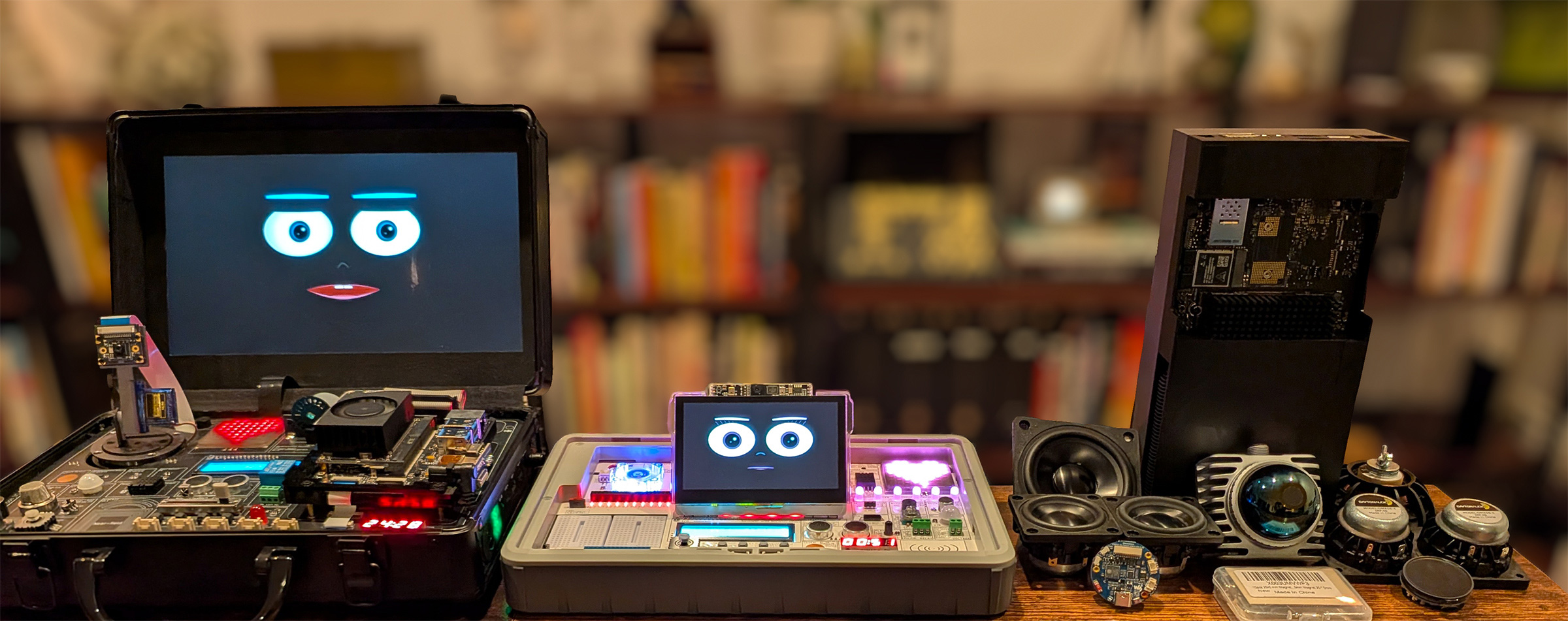 A workbench in front of a warm, book-lined wall: Sparky's open suitcase with his blue face on the left, Sparkle's CrowPi face and glowing heart in the center, and Angel bits on the right.