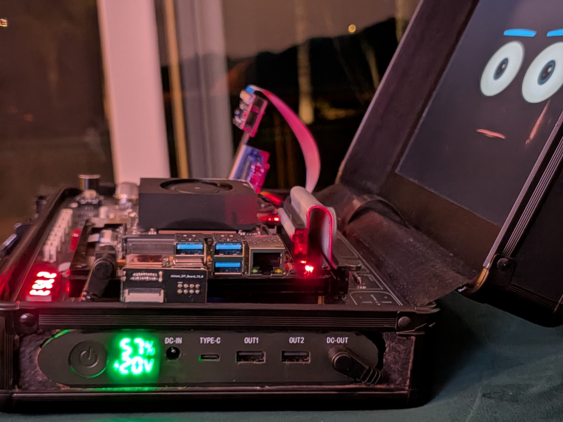 Sparky, the suitcase robot, powered on